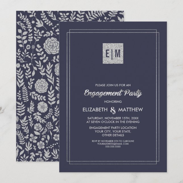 Invitación Azul marino elegante | Partido de compromiso de pl (Anverso / Reverso)