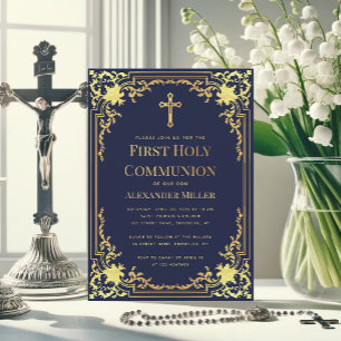 Invitación Azul Marino Falso Dorado Elegante Niño Primera Com