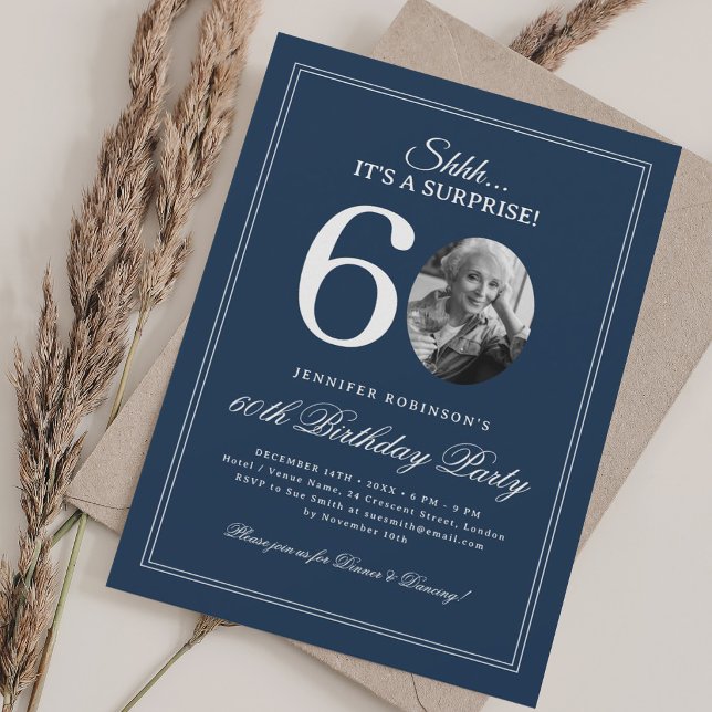Invitación Azul Marino | Fiesta Sorpresa de 60 Cumpleaños (Navy Blue | Surprise 60th Birthday Party Invitation)