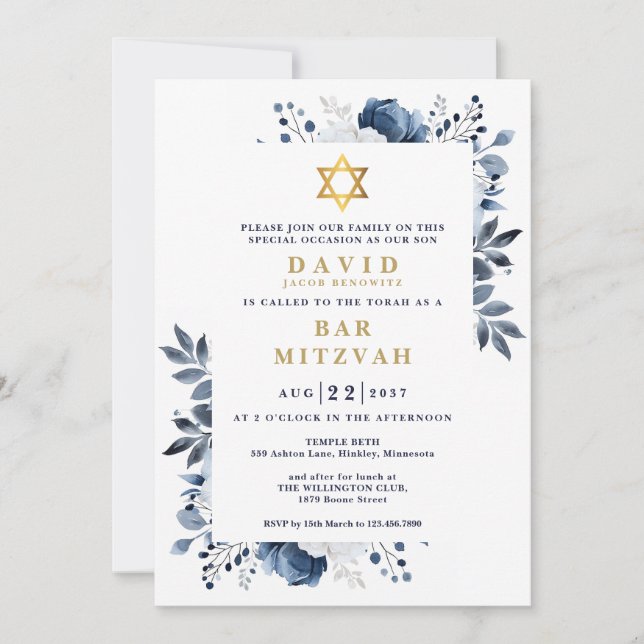 Invitación Azul Marino Floral Botánico Bar Mitzvah Bat Mitzva (Anverso)