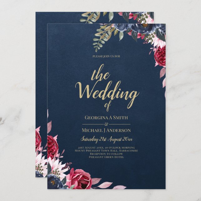 Invitación Azul Marino Floral de Frutas Burgundy Invierno Oto (Anverso / Reverso)