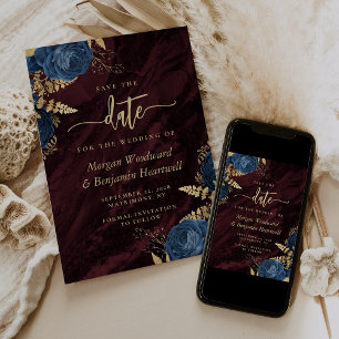 Invitación Azul Marino Floral Dorado Burgundy Save the Date