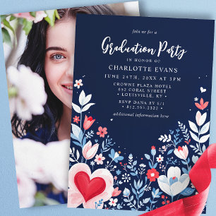 Invitación Azul Marino Floral Moderna Enfermera Corazón Gradu