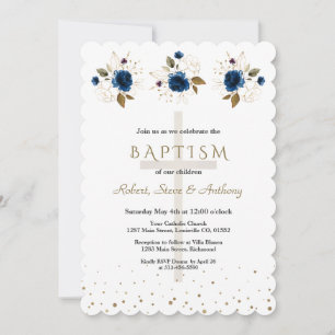 Invitación Azul Marino Floral Oro Trillizos Bautizo  