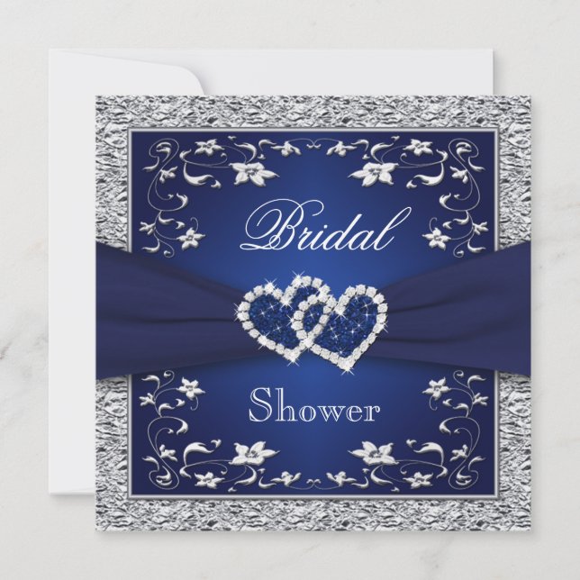 Invitación Azul marino, floral plateada, ducha de novia del c (Anverso)