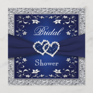 Invitación Azul marino, Floral plateada, ducha nupcial