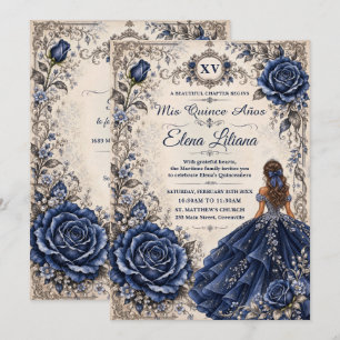 Invitación Azul Marino Floral Princesa Vintage Quinceañera XV