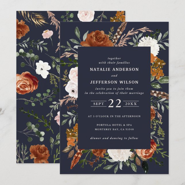 Invitación Azul marino floral rústico elegante moderno (Anverso / Reverso)