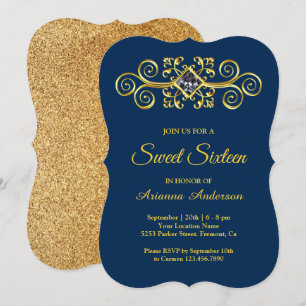Invitación Azul Marino Florecimiento Dorado Diamante Cumpleañ
