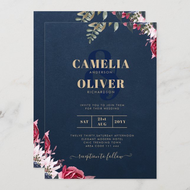 Invitación Azul Marino Fruta Floral Borgoña Invierno Otoño (Anverso / Reverso)