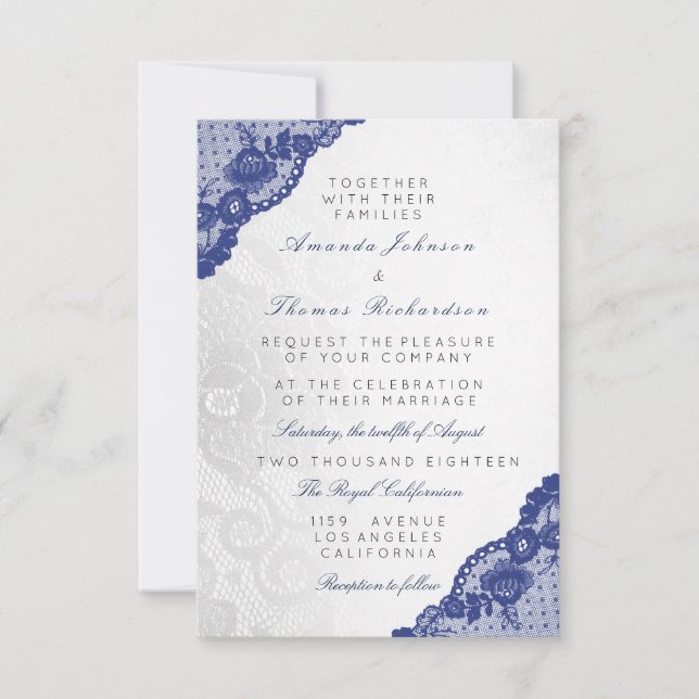 Invitación Azul Marino Gris Plateado Encaje Boda Delicada (Anverso)