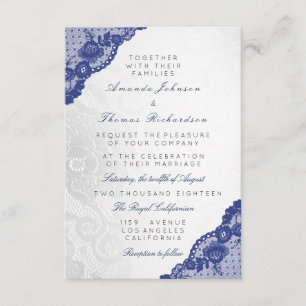 Invitación Azul Marino Gris Plateado Encaje Boda Delicada