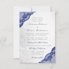 Invitación Azul Marino Gris Plateado Encaje Boda Delicado