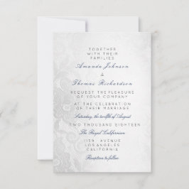 Invitación Azul Marino Gris Plateado Encaje Floral Boda