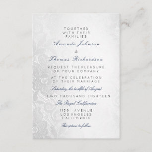 Invitación Azul Marino Gris Plateado Encaje Floral Boda