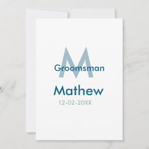 Invitación azul marino groomsman letra nombre fecha masculino
