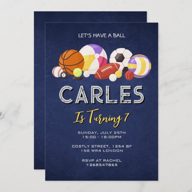 Invitación Azul marino Hagamos un Ball Deportes Cumpleaños (Anverso / Reverso)