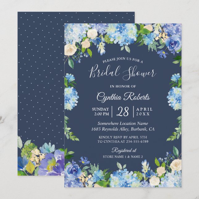 Invitación Azul marino Hydrangea Floral Gorgeous Bridal Showe (Anverso / Reverso)