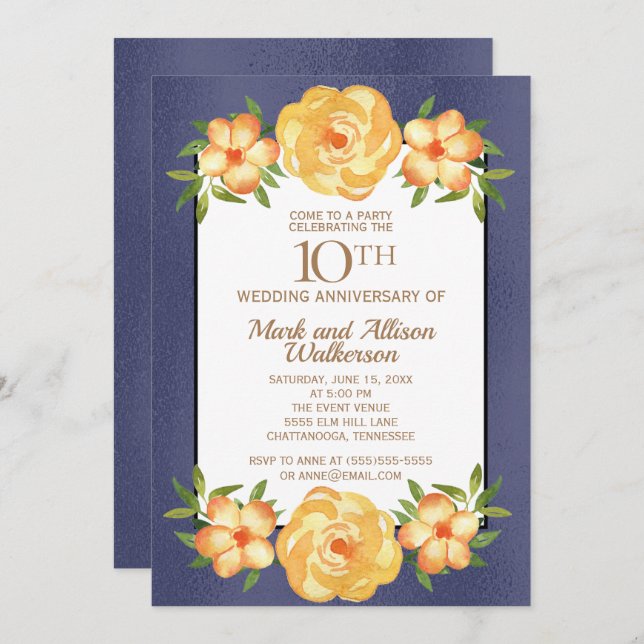 Invitación Azul Marino Irisado 10º Aniversario de Boda (Anverso / Reverso)