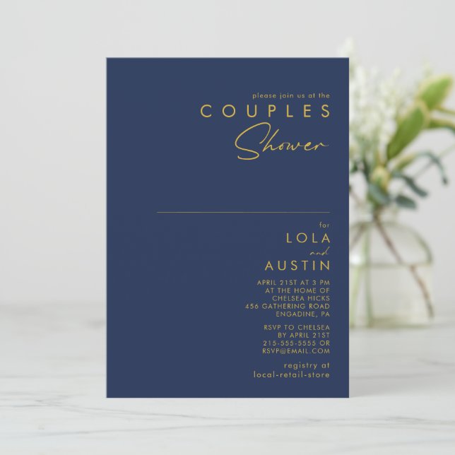 Invitación Azul marino Minimalista moderno | Ducha de parejas (Anverso de pie)