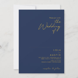Invitación Azul marino Minimalista moderno | Oro El Boda De