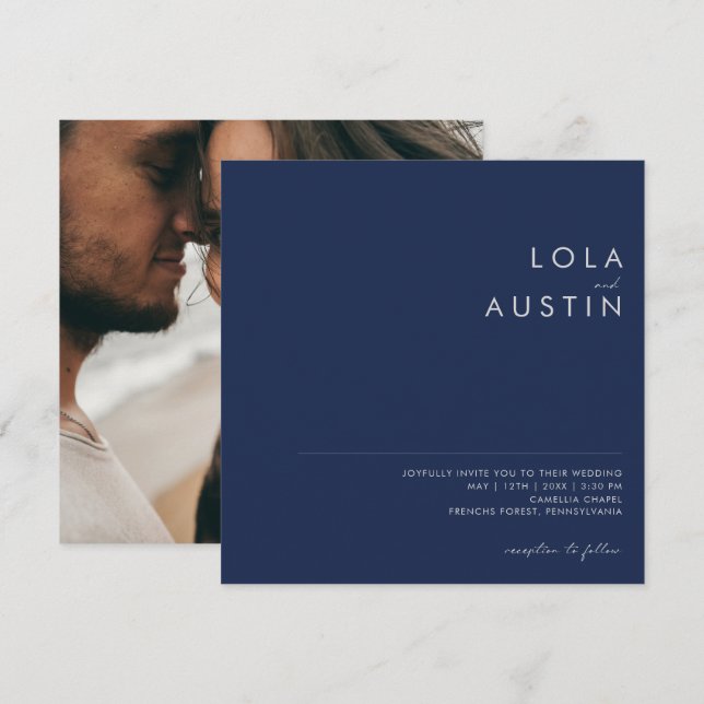 Invitación Azul marino moderno | Boda Silver Photo Square (Anverso / Reverso)