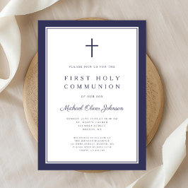 Invitación Azul Marino Moderno Niño Religioso Primera Comunió