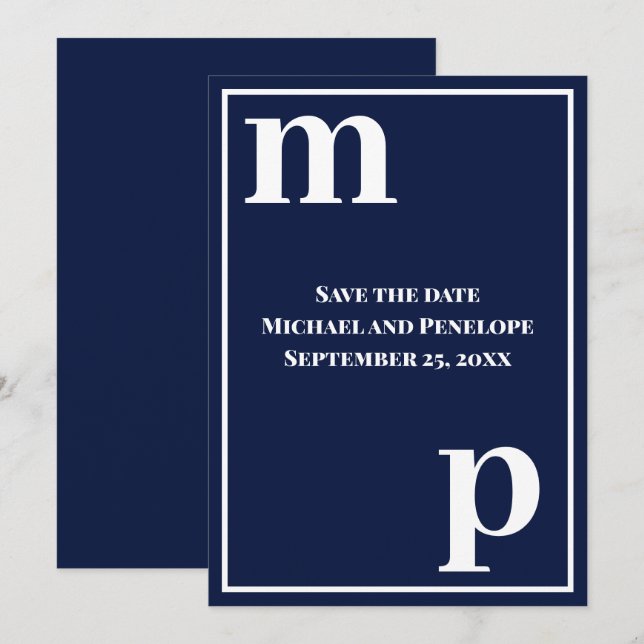 Invitación Azul marino monograma a la moda salva la fecha (Anverso / Reverso)