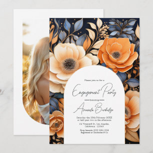 Invitación Azul Marino, Naranja Quemado, Fiesta de Compromiso