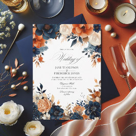 Invitación Azul marino, Naranja quemado y Boda de champán