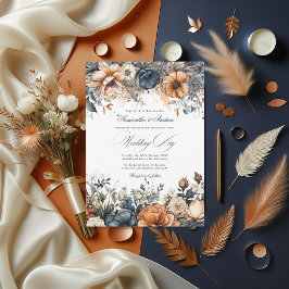Invitación Azul marino, Naranja quemado y Boda de champán