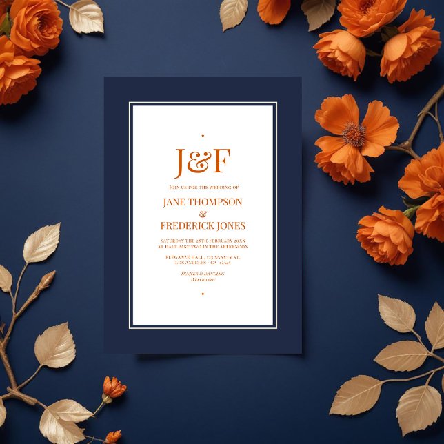 Invitación Azul marino, Naranja quemado y Boda de champán (Navy Blue, Burnt Orange and Champagne Wedding Invitation)