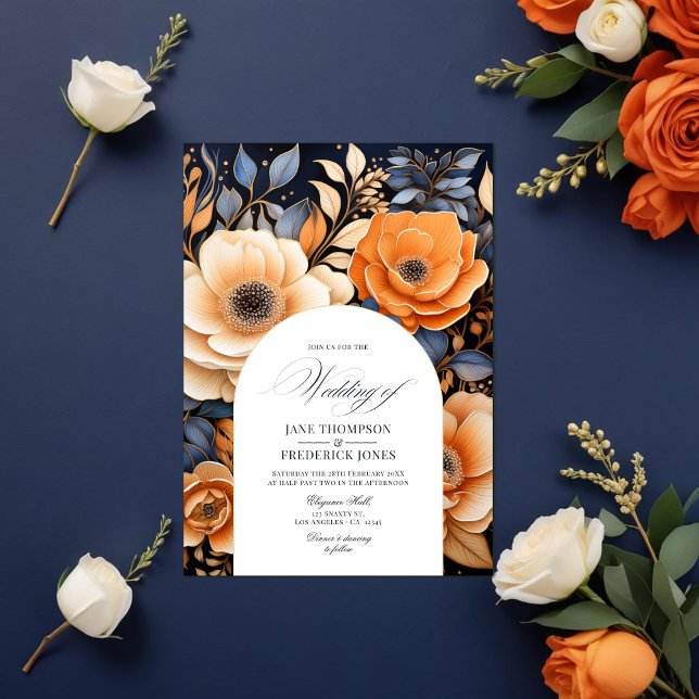 Invitación Azul marino, Naranja quemado y Boda de champán (Navy Blue, Burnt Orange and Champagne Wedding Invitation)
