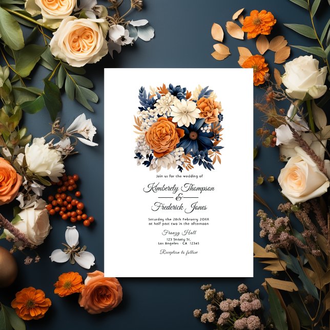 Invitación Azul marino, Naranja quemado y Boda floral de cham (Navy Blue, Burnt Orange and Champagne)