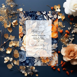 Invitación Azul marino, Naranja quemado y Boda floral de cham