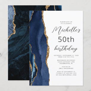 Invitación Azul Marino Oro Ágata Script Cumpleaños 50