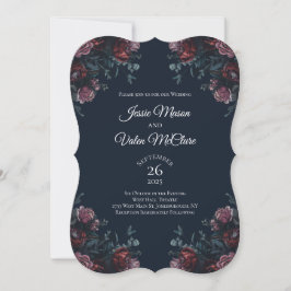 Invitación Azul Marino Oscuro Floral Elegante Boda Granate Ma
