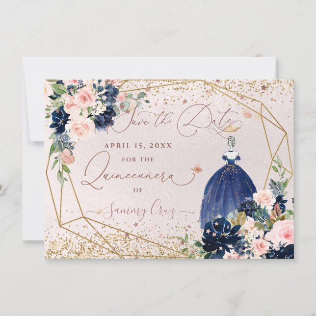 Invitación Azul marino PixDezines salva la fecha Quinceanera (Anverso)