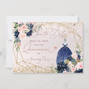 Invitación Azul marino PixDezines salva la fecha Quinceanera