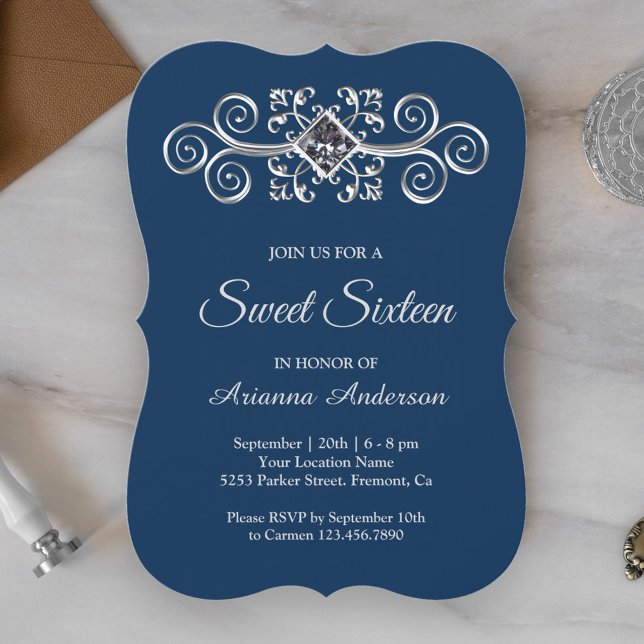 Invitación Azul Marino Plata Florecer Diamante Dulces Diecisé (Subido por el creador)