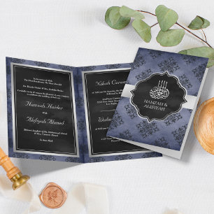 Invitación Azul Marino Plateado Negro Damasco Boda Musulmana