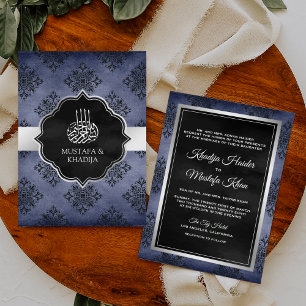 Invitación Azul Marino Plateado Negro Damasco Boda Musulmana