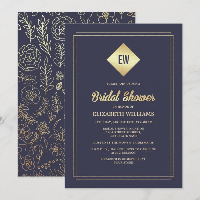 Invitación Azul Marino | Relieve metalizado dorado Bridal Sho (Anverso / Reverso)