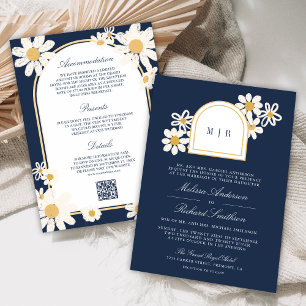Invitación Azul Marino Retro Amarillo Daisy Vestido de Novia
