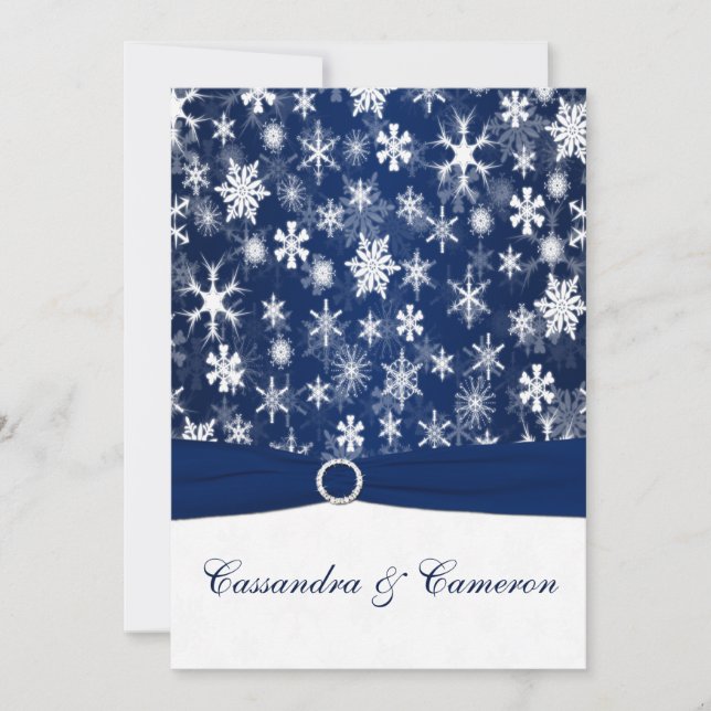 Invitación Azul marino RIBBON IMPRESO, Boda de copos de nieve (Anverso)