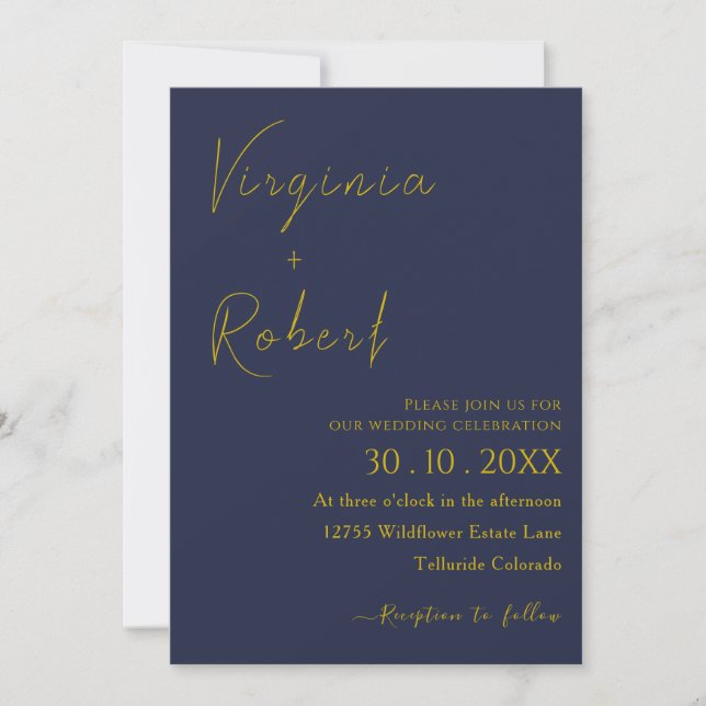 Invitación Azul marino romántico | Boda de guiones Minimalist (Anverso)
