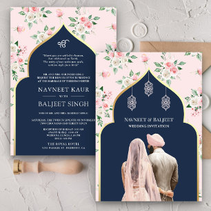Invitación Azul Marino Rosa Floral Anand Karaj Boda Sikh