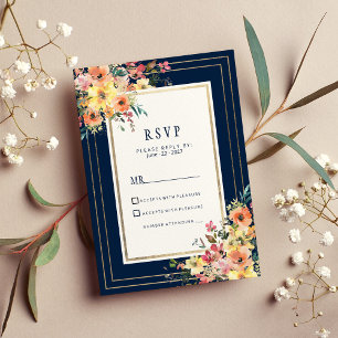 Invitación Azul marino rosa naranja dorado floral primavera R