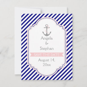 Invitación Azul marino, rosa náutico Save the Date de boda
