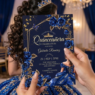 Invitación Azul Marino Rosas Doradas Mariposas Quinceañera
